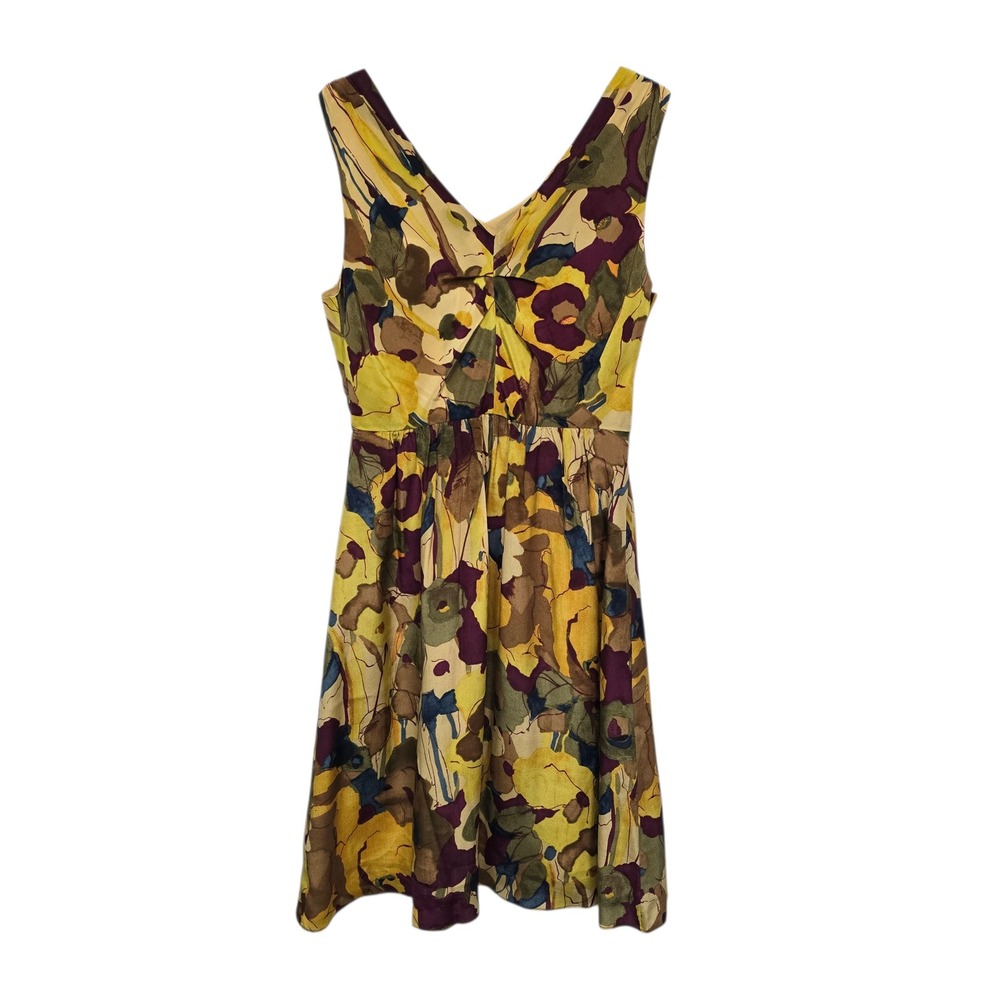 Banana Republic Silk Floral V-Neck Empire‎ Waist Dress Yellow Purple Petite 0P